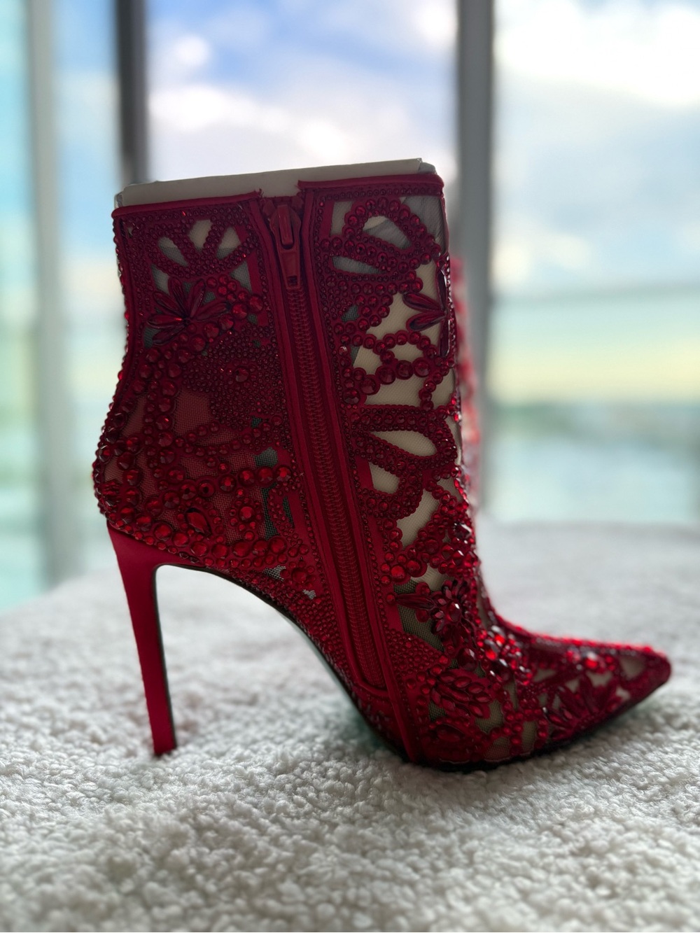 Betsey Johnson Red Embellished Lace Pointed-Toe Stiletto Ankle Boots - Picture 8 of 16
